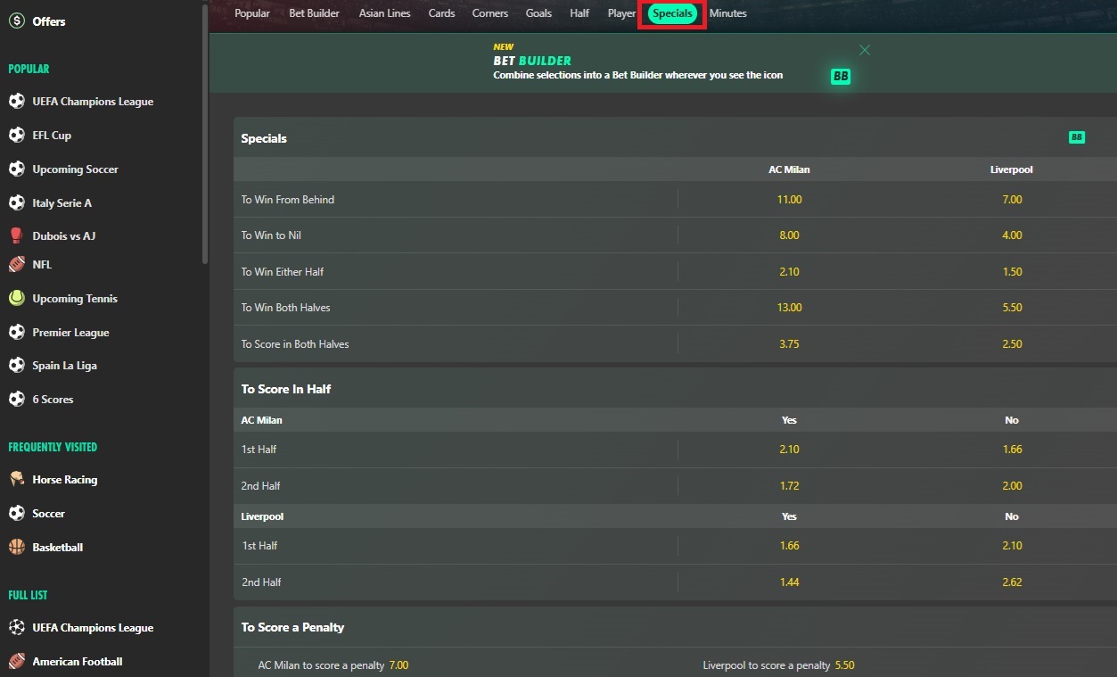 Bet365 page showing AC Milan v Liverpool fixture and available betting markets with the Specials market selected and highlighted